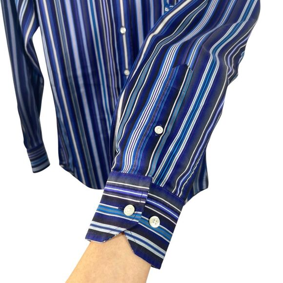 Etro Long men’s Button-Down Shirt long Sleeves 37 Striped Blue Size Medium to La - Picture 6 of 14